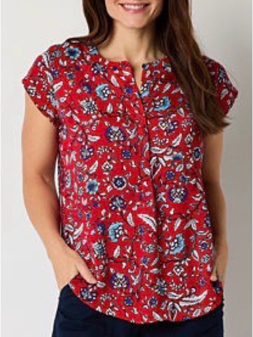 Liz Claiborne Red Floral Cap-Sleeve Blouse